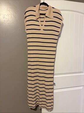 Beige & Black Striped Knit Polo Dress